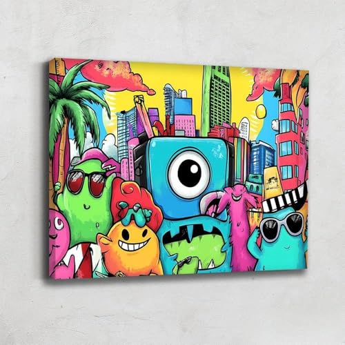 Alessio Cacciatore Tableau Monstres Colorés - Decoration Murale Graffiti - Impression Sur Toile Urban - Art Mural Moderne - Toile Pop Art - Idee Deco Salon...