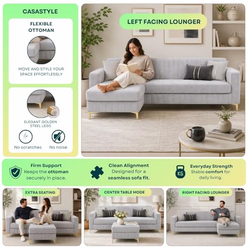 Image of CASASTYLE Groovy 4 Seater L Shape Sofa Set with Movable Ottoman | Flexible Left or Right Layout | Cozy Velvet Fabric | Soft Touch Seating | Modern Designer Sofa for Living Room (Dark Brown)