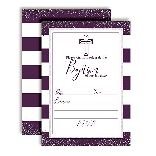 Invitaciones de bautismo para niña AmandaCreation, 20 tarjetas moradas y plateadas con sobres