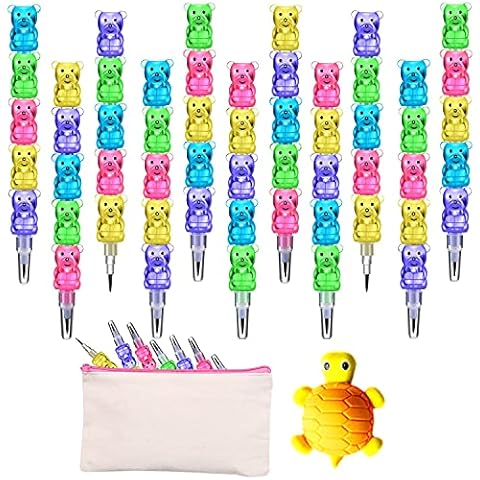 Odowalker 32pcs Stackable Pencils Plastic Bear Pencils 5 in 1 Stacking Colored Pencils with Turtle Erasers and DIY Blank Bag For Birthday Party Supplies Cover