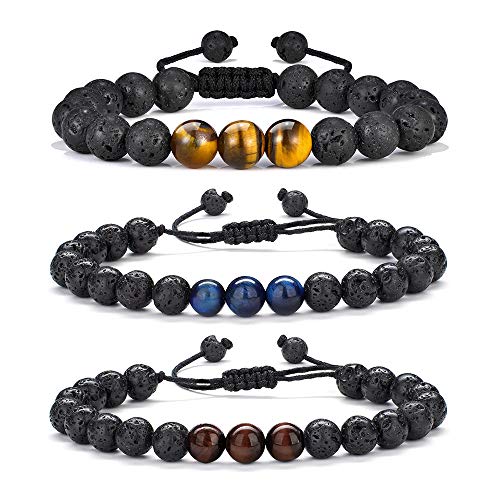 Boyfriend Gifts Mens Bracelet Beads - Natural Black Lava Rock Stone Mens Anxiety Bracelets Gifts for Men, Adjustable Aromatherapy Essential Oil Diffuser Healing Bracelet Gifts for Men Boyfriend Him