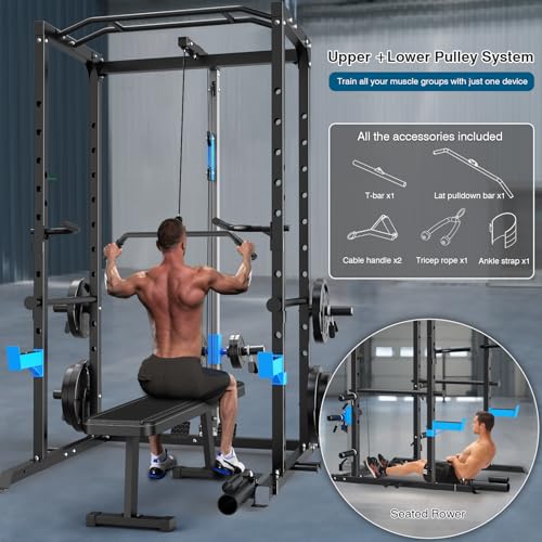 Image of ULTRA FUEGO Power Cage, Multi-Functional Power Rack with J-Hooks, Dip Handles, Landmine Attachment and Optional Cable Pulley System for Home Gym