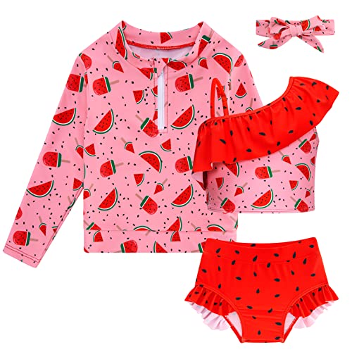 Funnycokid Baby Girl Swimsuit 6-9 Months Bathing Suit Swim Rash Guard Long Sleeve Infant Watermelon 3 Piece 12 Month Red cover