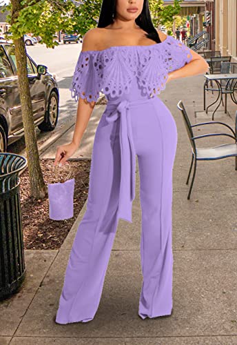 Image of Off Shoulder Jumpsuit for Women High Waist Wide Leg Long Pants Jumpsuits