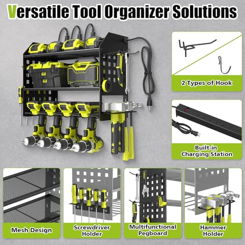 Image of SUNALLY Power Tool Organizer Wall Mount with Charging Station,3 Layer Heavy Duty Metal Tool Storage Rack with 4 Drill Holders, Power Tool Shelf for Garage, Warehouse, Workshop, Gifts for Men, Husband