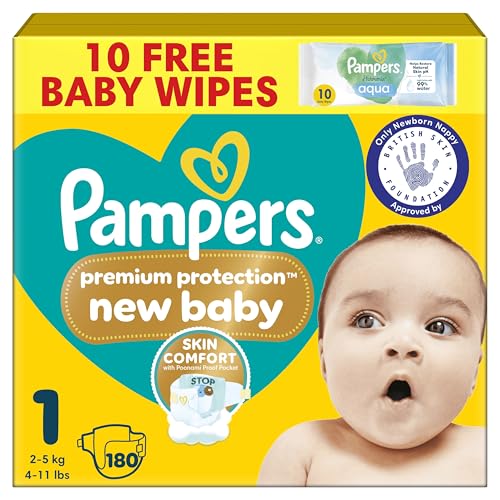 Pampers Premium Protection New Baby Size 1 180 Nappies 2kg-5kg Monthly Pack The Only Newborn Nappy Approved by British Skin Foundation