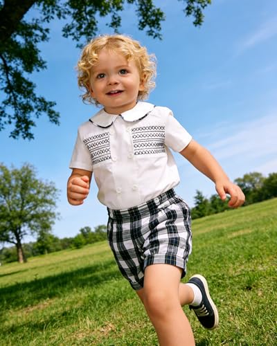 Image of Twoflower Smocked toddler boy outfits Summer Cotton Short Sleeve boys' button-down shirts Casual 2 piece Clothing Set