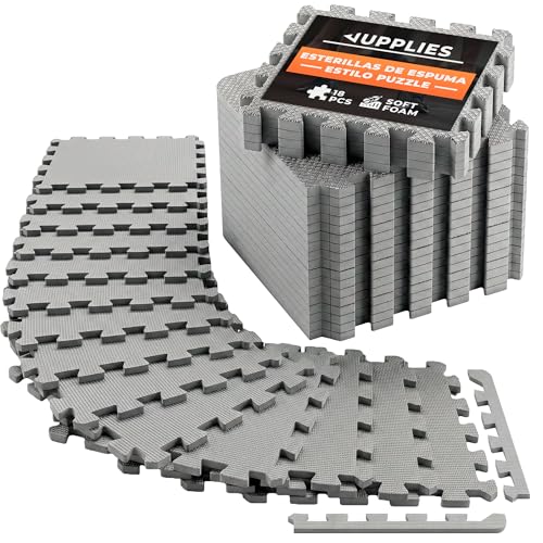JUPPLIES - Suelo Gimnasio Set 18 Piezas 30x30x1cm - Esterilla Puzzle Fitness de Goma para Suelo - Alfombra Protectora para Gimnasio en Casa - Tatami en Puzzle (18 Piezas Gris)