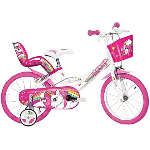 Dino Bikes 164R-UN Kinderfahrrad Einhorn, 16 Zoll Fahrrad mit Stützrädern, Schutzblech, Kettenschutz, Korb und Puppen-Aufsatz, Kinderrad mit Regenbogen Motive, für Kinder ab 6 Jahren, Weiß/Pink Cover