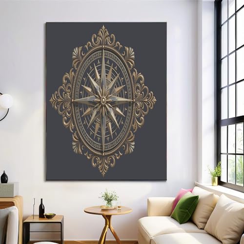 JRISEMECY Relieve Barroco Con Brújula Modernos Cuadros Decoracion Arte Náutico Vintage Cuadro Y Láminas Grande Oro Negro Lienzos Decorativos De Pared Para Comedor Salon Dormitorios 30X40Cm, Sin Marco