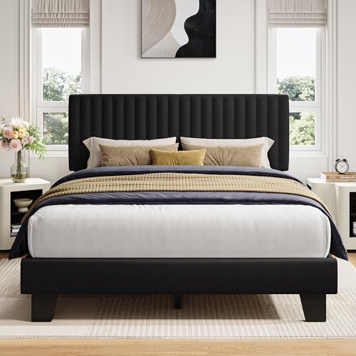 iPormis Full Size Bed Frame Upholstered Platform Bed with Vertical Linen Headboard Wide Bed Legs and Strong Wood Slats Support No Box Spring Needed Easy Assembly Noise Free Black