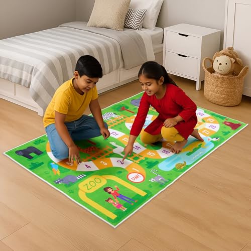 Image of Story@Home Kids Play Mat Carpet 3x5 ft | Anti-Skid Rug for Children's Playroom | Zoo Animals Theme | Soft Polyester Floor Mat for Boys & Girls | Green Crawl & Play Carpet