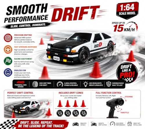 Image of Remote Control Sports Car & Off-Road SUV Toy for Kids, High Speed RC Racing with Wireless Remote, Realistic Lights & Premium Design Gift for Boys Girls (1:64 AE86)