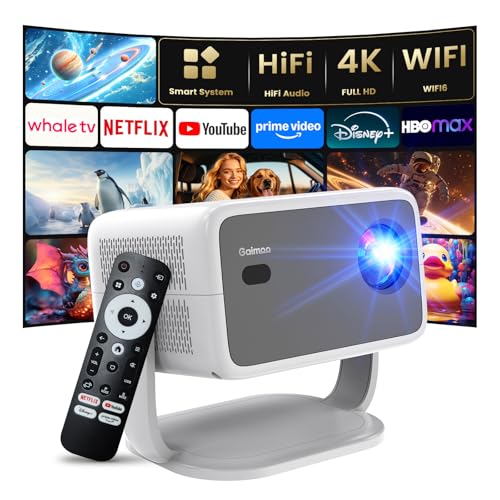 4K Proyector [Audio/Enfoque Auto/Base Giratoria 360°] Projector con WiFi y Bluetooth 1080P Nativo Proyector Portátil, One-Click Use Youtube/PrimeVideo/D+ Smart Home Outdoor, Gris