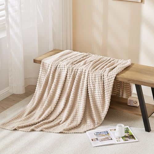 Image of EMME Fleece Blanket, 3D Jacquard Throw Blanket for Couch and Bed, Soft Cozy and Fluffy Blankets Lightweight Luxury Flannel with Geometric Grid Design (Beige, 108 inch x 90 inch)