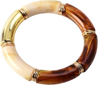 GOOJIDS Gold Plated Acrylic Beaded Stretch Bangles - Chunky Bamboo Tube Bracelets for Women, Vibrant Stackable Set