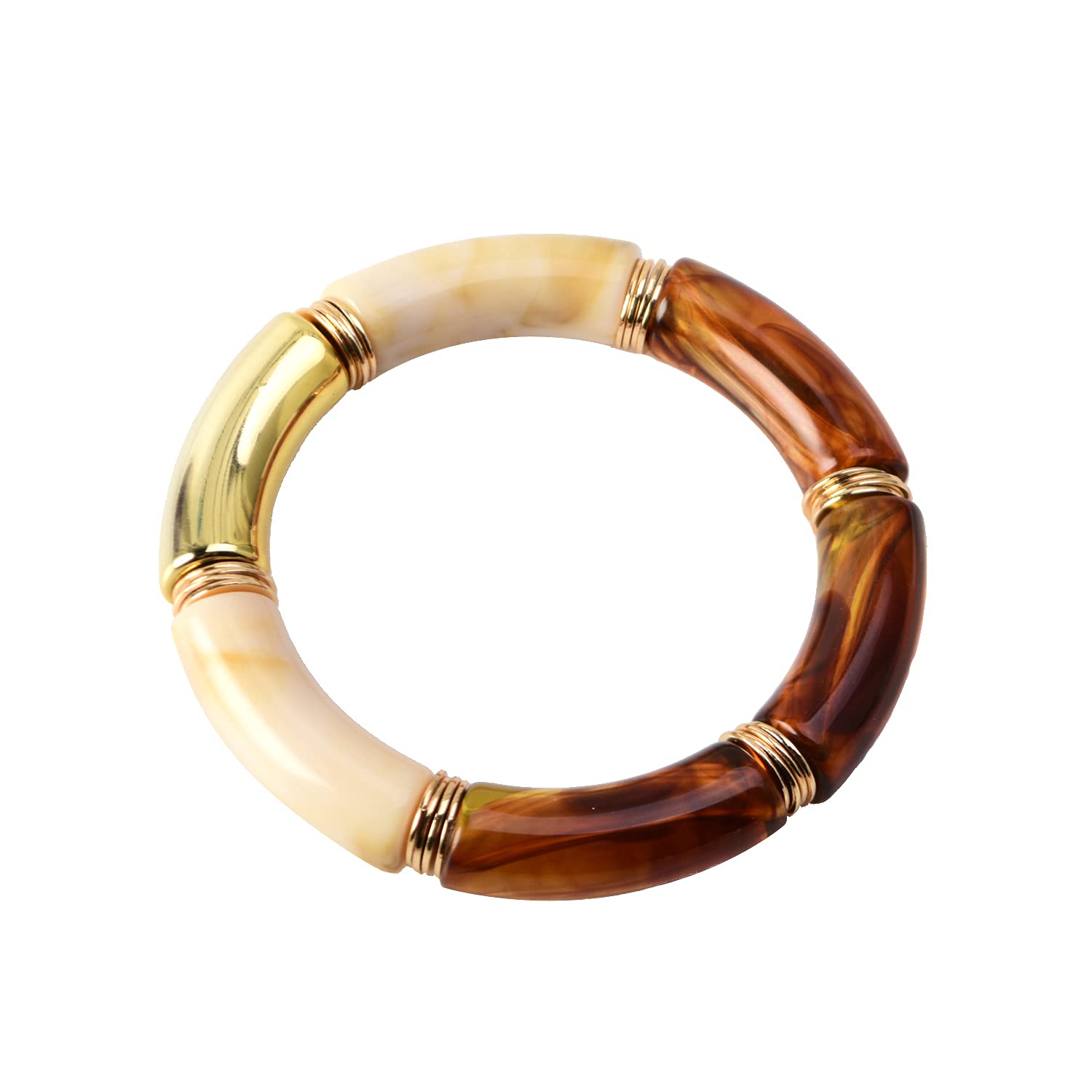 GOOJIDS Simple Beaded Gold Plated Bangles Bracelet Chunky Bamboo Tube Curved Stacking Clear Acrylic Colorful Beads Stretchable Gold
