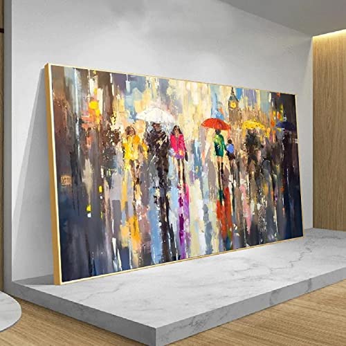 Tableau couple amoureux sous la pluie toile abstraite colorée salon 60x80cm