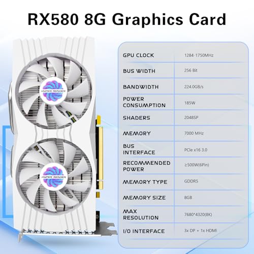 Image of RX 580 8GB Graphics Card 2048SP DDR5 256 Bit Graphics Card for Gaming PC Computer Graphics Boards PCIE 3.0 Twin Freeze Fans Computer Video Card with HDMI /DP /Ports (White)