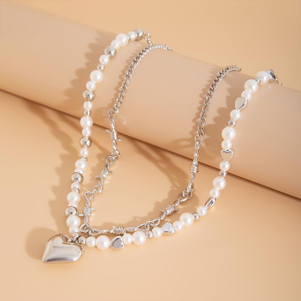 Heart Layered Necklaces for Women,Gold Puffy Heart Pendant Stack Necklaces Pearl Beaded Choker Necklace,Trendy Love Statement Necklace Jewelry Gifts