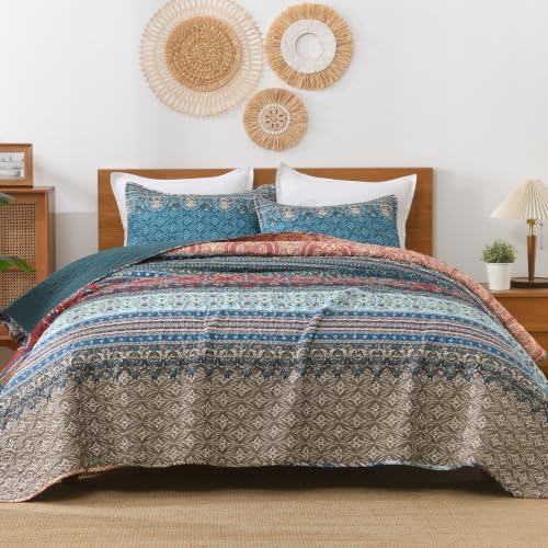 Image of Andency Brown Green Quilts Queen Size, 3 Pcs Boho Striped Bedspread | Soft Lightweight Brown Green Printed Bohemian Polyester Reversible Coverlet Comforter Sets for All Season (90 inchx96 inch)