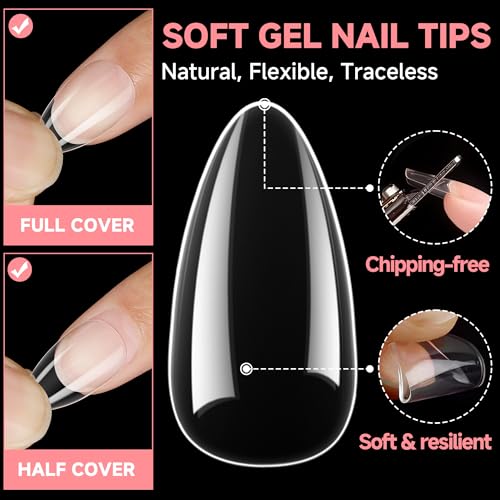 Image of UNA GELLA Short Almond Nail Tips, 504PCS Long Lasting Short Almond Soft Gel Full Cover Nails Tips False Nails Clear Acrylic Gelly Tips for Acrylic Nail Extensions Press On Nails, 12 Sizes