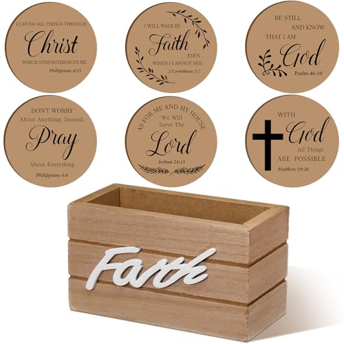 Hushee Wooden Coasters Set of 6 for Drinks with Bible Verses, Housewarming Gift for Home Christian Decoration, Farmhouse Religious Coasters with Holder for Kitchen Decoration, 4''(Brown)