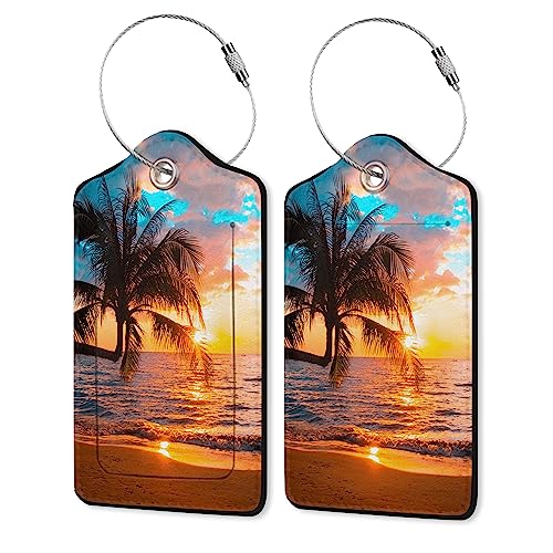 2 Pack Leather Luggage Tags for Travel - Premium Personalized Name Tags for Bags, Suitcases & Backpacks - Waterproof with Metal Loop & ID Window - Gift for Men Women (Summer Palm Tree)