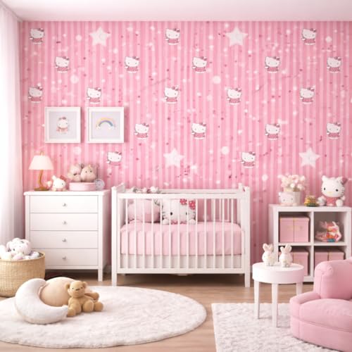 Image of Pink Kitty Stripe Kids Room Wallpaper | Cute Cartoon Nursery Wall Decor for Baby Room | Self Adhesive Peel & Stick Removable Wallpaper, Washable Wall Covering for Bedroom Nursery 2 x 50 Feet