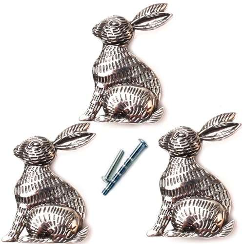 YOUYOUULU 3Pcs Silver-Rabbit-Drawer-Knobs, Vintage-Animal-Dresser-Pulls, Kids-Cute-Bunny-Cabinet-Knob, Unique-Furnitures-Decor-Handles (Silver)