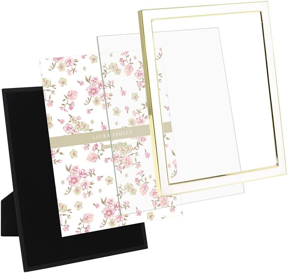 Laura Ashley 8x10 White Enamel Picture Frame, Gold Metal Edge with Easel, for Countertop, Counterspace, Tabletop Display, Bookshelf, Desk, Wall Décor, Photo Gallery