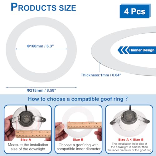 Image of PATIKIL Goof Rings for 6-8 inch Inch Recessed Can Lighting Down Light, 4 Pcs Metal Goof Trim Rings Cover, Outer Diameter 8.62-inch, Inner Diameter 6.25-inch, Matte Finish Chrome,Flush Mount