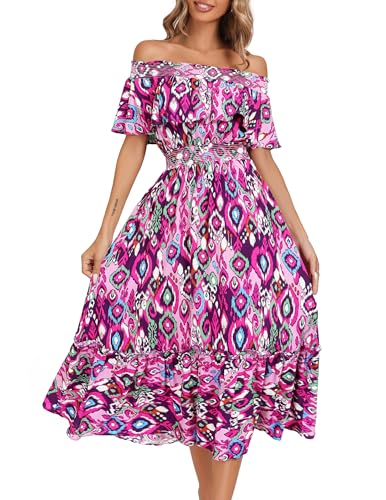 Image of Prettywear Women's 2025 Spring Summer Boho Off Shoulder Midi Dress Floral Short Sleeve A Line Casual Beach Vacation Dresses