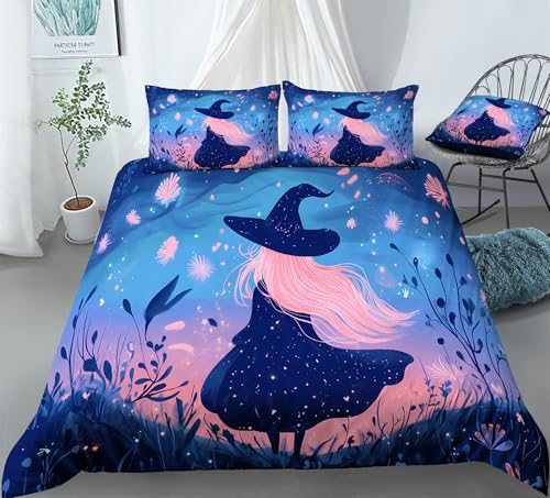 REALIN Cartoon Witch Bedding Halloween Decor for Witch Lovers Duvet Cover Set Girl Boy Kids Bed Sets 3/4PCS Quilt Covers/Sheets/Pillow Shams,Twin/Full/Queen/King (A,Twin-172x218cm-4PCS)