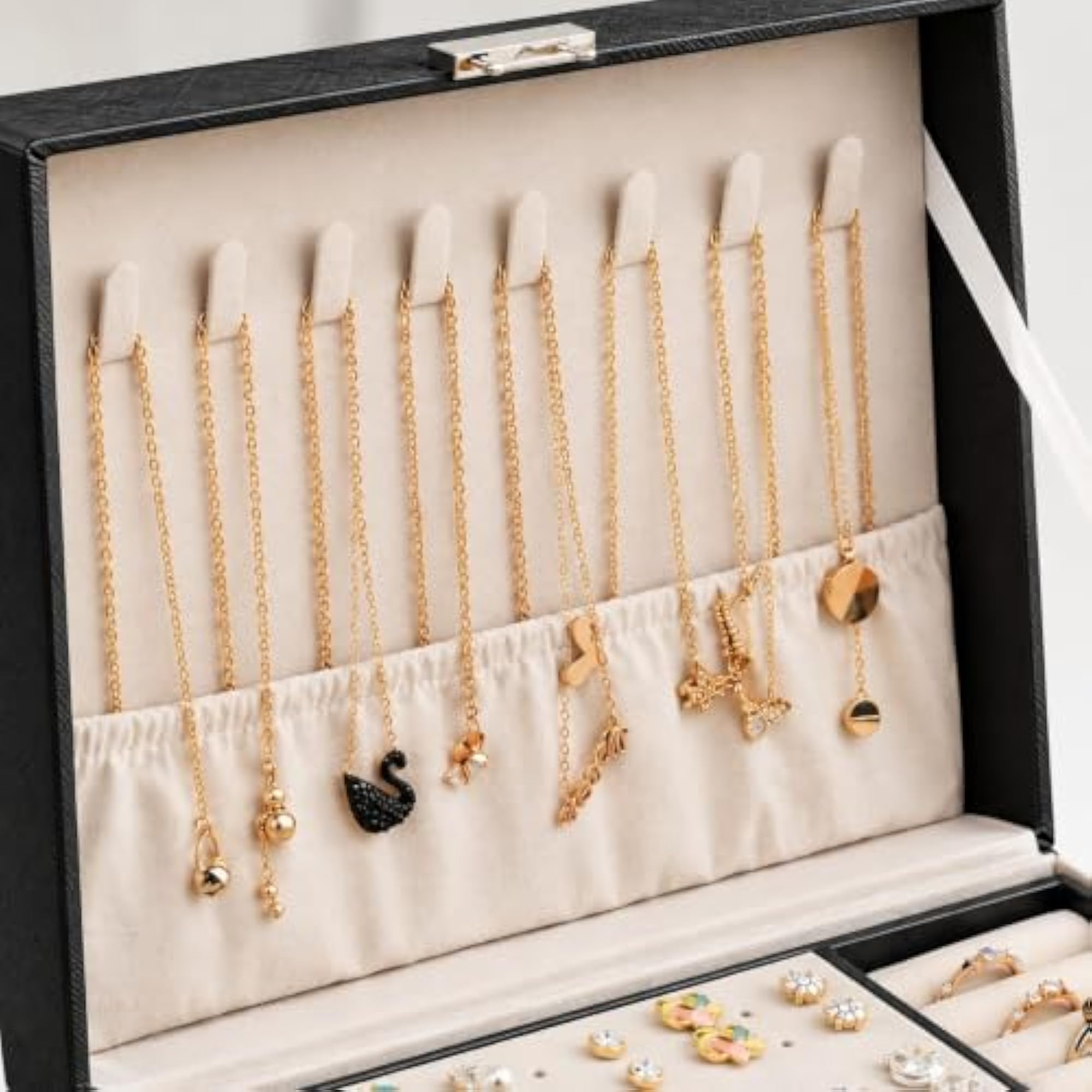 Black Jewellery Organizer Box with Necklace, Earring & Ring Compartments