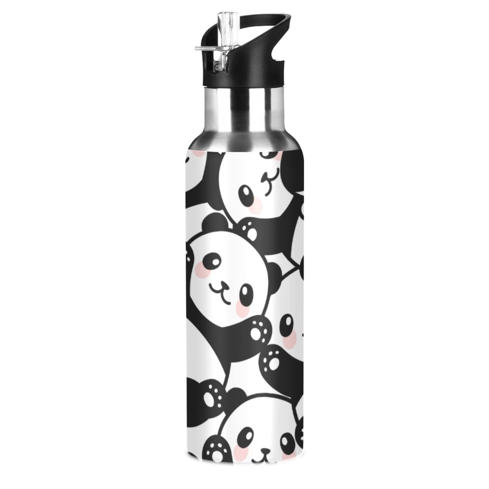 Panda Water Bottle with Straw Lid Leakproof Kids Insulated Panda Stainless Steel Water Flask Cute Animal Print Bottle for Sports Gym Outdoor 20 oz