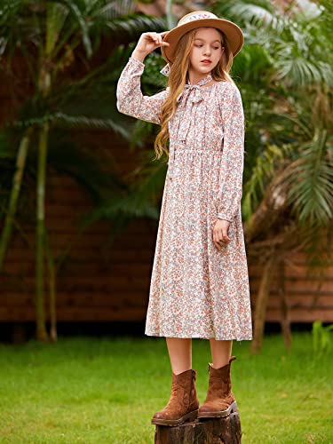 Girls Casual Elastic Crew Neck Floral Printed Solid Color A-line Swing High Waist Midi Belted Dress with Pocket4