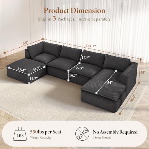 Image of Vesgantti 141.7 inch U Shaped Boneless Sectional Couch, Modern 6 Seater Modular Sofa with Chaise & Ottoman, Deep Seat Convertible Corduroy Cloud Couches for Living Room, No Assembly Required, Black