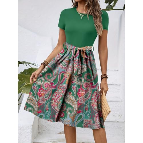 Work Dresses for Women 2025 Elegant Classy Summer Midi Aline Dress Short Sleeve Vintage Floral Two Tone Dress4