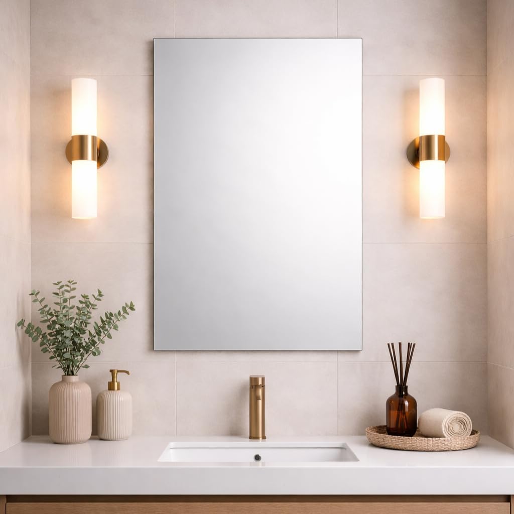 Bathroom Rectangular Frameless Wall Mirror 90 x 60cm – Large Wall Mounted Vanity Mirror – Modern Polished Edge Glass – Portrait or Landscape Hanging