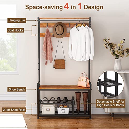 Mr Ironstone Coat Rack Shoe Bench Hall Tree With Detachable Shelf, 4-In-1 Entryway Shoe Rack Shelf Mudroom Garage Storage Organizer, 33.1" L X 11.8" W X 71.5" H (Vintage+Black) #TOP3