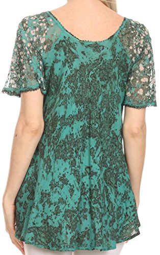 Image of Sakkas Ash Speckled Tiedye Embroidered Cap Sleeve Blouse Top with Embroidery Hems