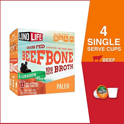 LonoLife Low-Sodium Grass-Fed Beef Bone Broth Powder with 10g Protein, Paleo and Keto Friendly, Gluten-Free, Single Serve Cups, 4 Servings (Equal to 40 ounces of broth) 4 Count