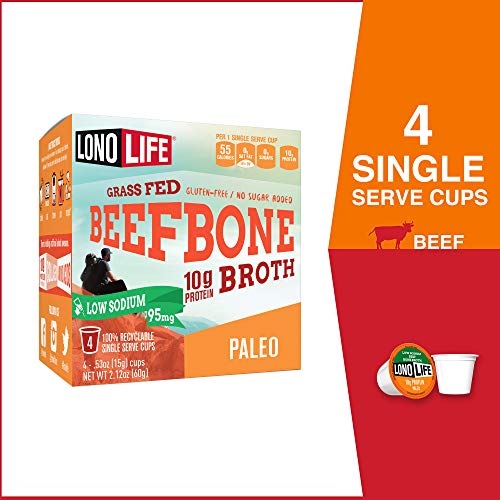 LonoLife Low-Sodium Grass-Fed Beef Bone Broth Powder with 10g Protein, Paleo and Keto Friendly, Gluten-Free, Single Serve Cups, 4 Servings (Equal to 40 ounces of broth) 4 Count