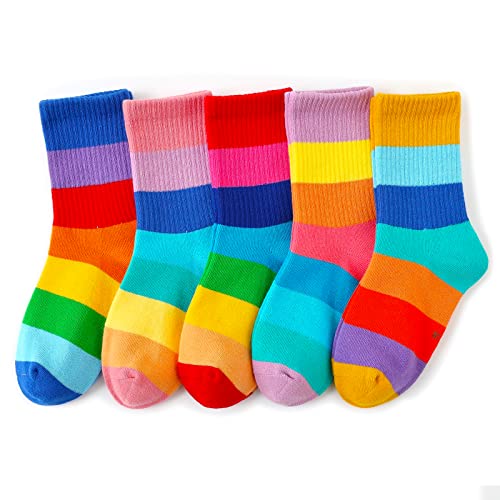 hakugoo Kids Crew Socks - Seamless Rainbow Stripes for Boys Girls 3-5 Years - Cotton Athletic Unisex Cute Fun Boot Sock - 5 Pairs (Set C, S)
