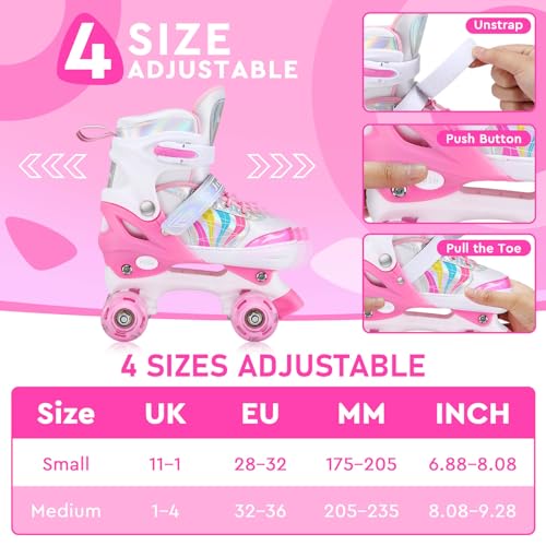 Rollschuhe für Kinder Verstellbare Quad Skates 4 Size Verstellbare und beleuchtete Rollen Rollschuhe für Mädchen Jungen. (M (EU 32-36))