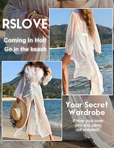 RSLOVE Lingerie for Women Sexy Long Lace Kimono Robe Mesh Chemise Lace Gown Swimsuit Cover Up4