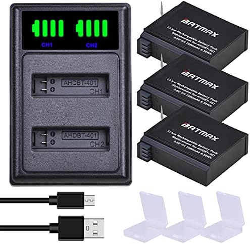 Batmax 3 Packs 1680mAh AHDBT-401 Battery + LED Dual USB Charger with Type C Port for GoPro Hero 4 Black/Silver Action Cameras