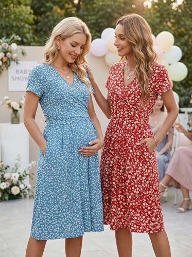 Image of OUGES Maternity Nursing Dress Breastfeeding Short Sleeve V Neck Casual Pregnancy Clothes with Pockets