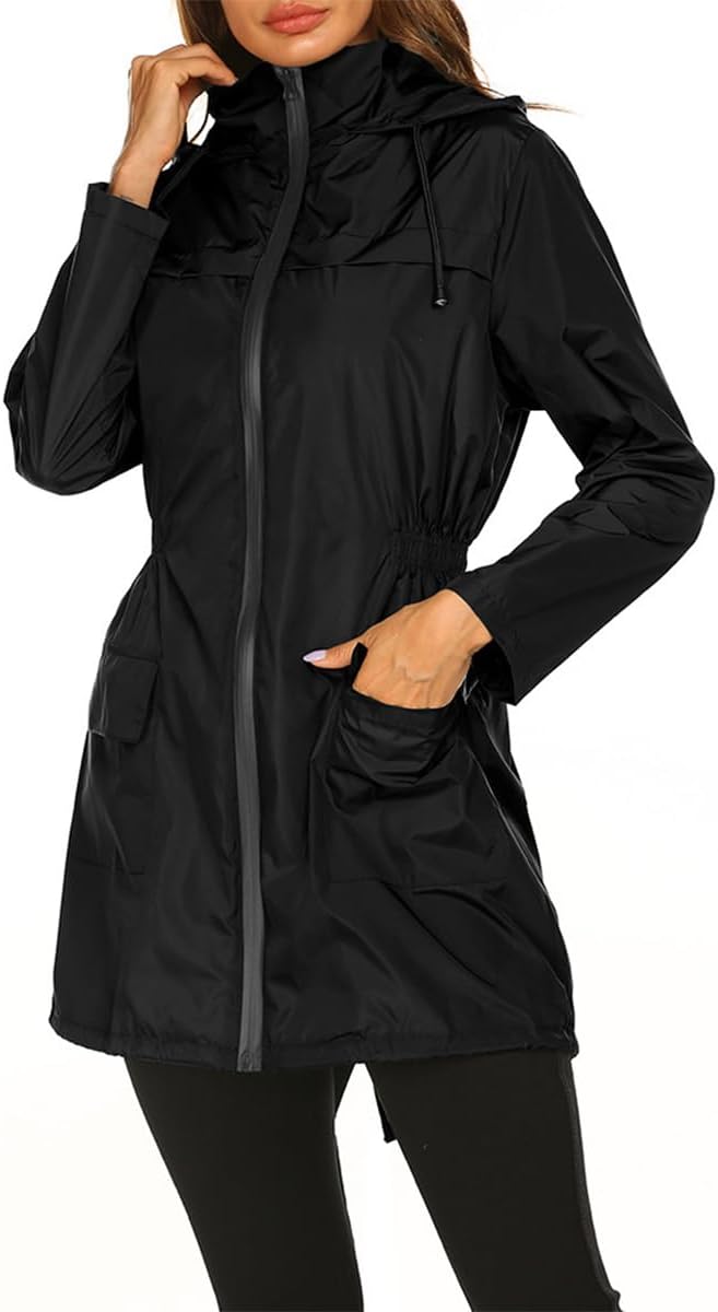 Women's Outdoor Waterproof Lightweight Rain Jacket Hooded Windbreaker with Pockets